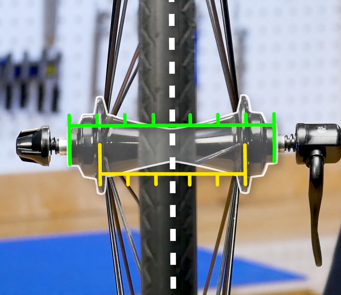 Cross-section of road bike hub showing flanges are evenly spaced from locknut faces