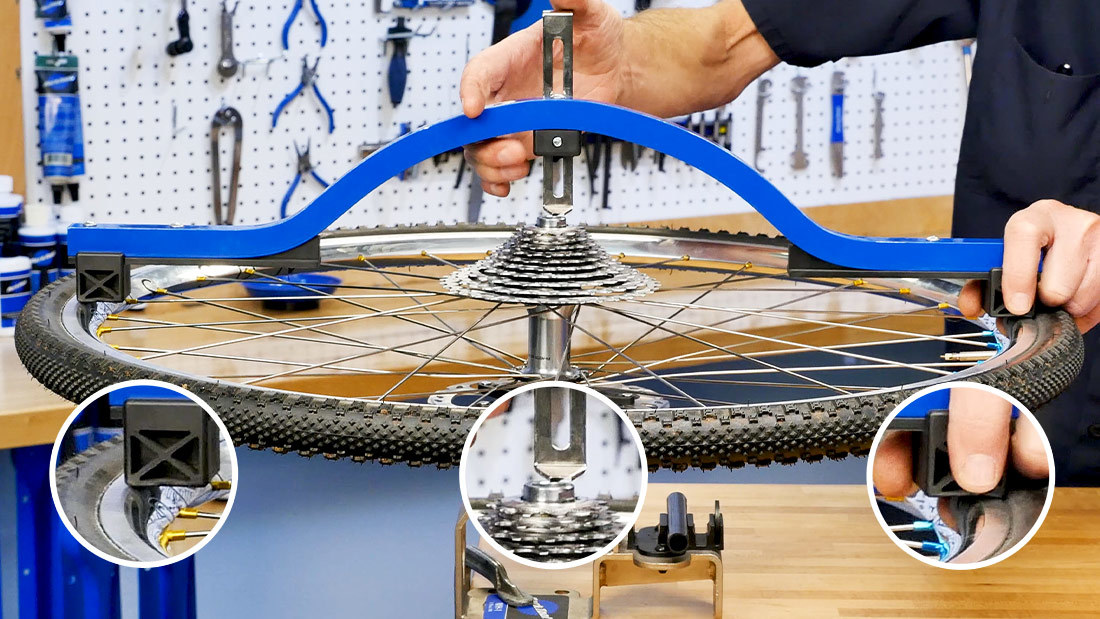 WAG-4 dishing tool measuring the dish of a rear bicycle wheel
