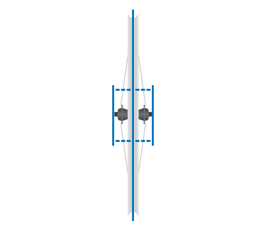 Head-on view of bicycle wheel with distances marked from hub contact points to rim center
